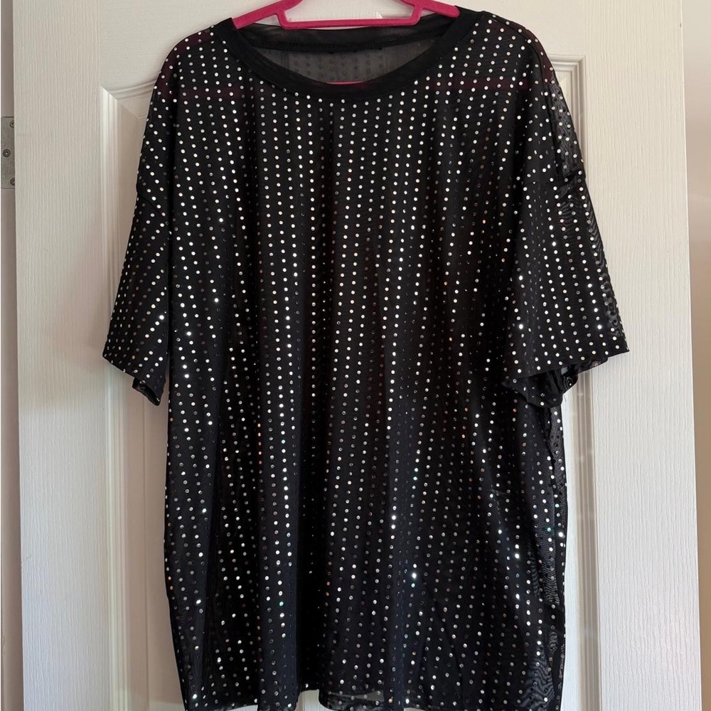 Women’s Black Sheer Short Sleeve Top with Silver Accents
